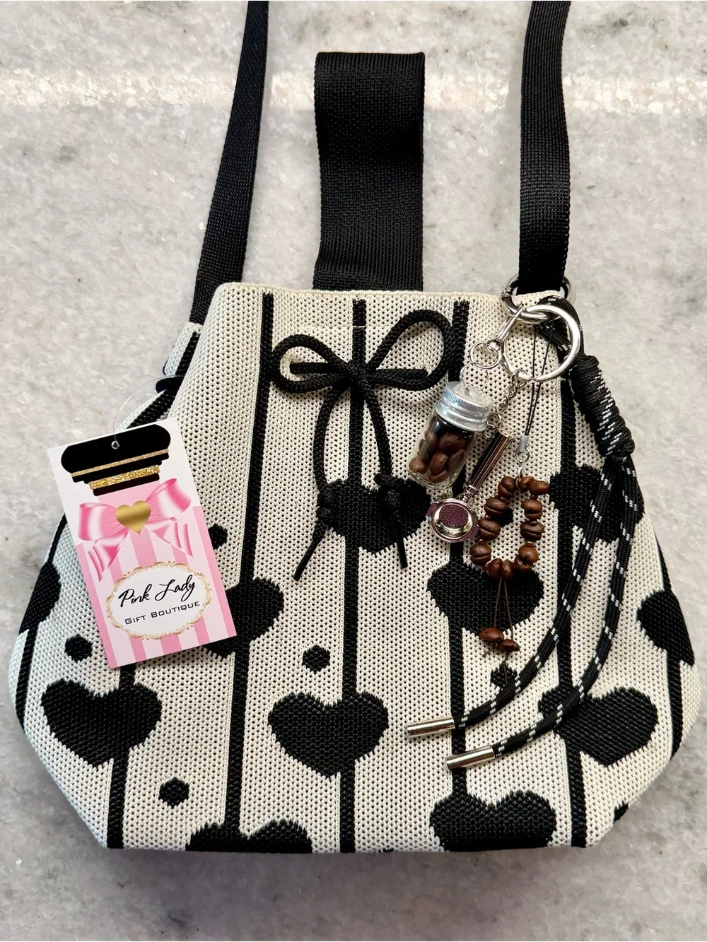 New I Love Coffee Theme Black Hearts Print Bucket Bag Crossbody Purse w/ Charm